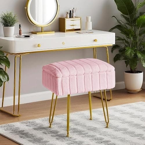 FUXA Vanity Stool with Storage, Pink Vanity Chair 4 Metal Legs with Anti-Slip Feet, Faux Fur Soft Padded Seat, Cute Small Footstool Ottoman, Modern Multifunctional Chairs for Makeup Bedroom thumbnail 2