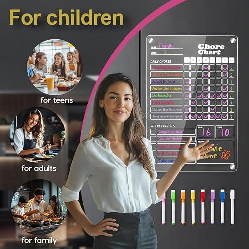 EASFREEAT 1pc Acrylic Magnetic Chore Chart for Kids, Chore Board, Dry Erase Chore Chart, 12"x8" Transparent Erasable Reward Chart for Teens and Adults Chore Checklist with Towel and 4 Markers thumbnail 5