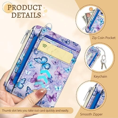 Kelvoris Credit Card Holder Slim Wallet Women, Butterfly Small RFID Blocking Wallets Woman Keychain with Zipper Coin Pocket, Front Pocket Thin Travel Ladies Card Case with ID Window thumbnail 5