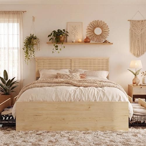 Brafab Natural Rattan Queen Bed Frame with Wooden Headboard and 4 Storage Drawers, Boho Cane Bed Metal Platform Bed with Strong Wooden Slat, Noise Free, No Box Spring Needed thumbnail 3