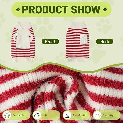 Small Dog Sweater, Knitted Striped Pullover Dog Clothes for Cold Weather, Thick Warm Cozy Stretchy Sweater for Chihuahua, Bulldog, Dachshund, Pug(Red & White Strip, S) thumbnail 5