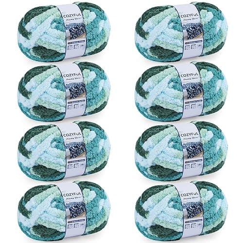 Cozyful Chunky Yarn for Hand Knitting - #10 Chunky Chenille Blanket Yarn, Jumbo Big Thick Chunky Yarns for Crocheting, Tie Dye Bulky Knit Yarns, 8 Skein (25 yds 8 oz Each Skein), Forest&Teal&Sky&Mint - Image 1