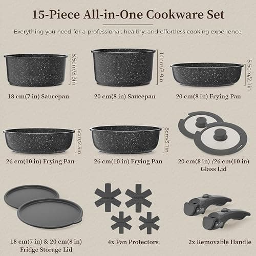 YASHE 15Pcs Nonstick Pots and Pans Set with Removable Handle, Oven Safe | Non-Toxic Stackable Cookware Set for RVs, Camping, PFOS/PFOA-Free Induction Compatible thumbnail 3