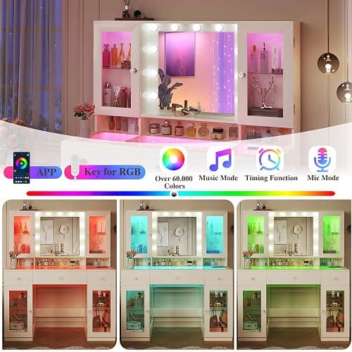 HUAHUU Vanity Desk with Mirror and RGB Lights, 43" Large Makeup Vanity with Glass Top, 4 Large Glass Cabinets, Power Outlet & 3 Drawers, 3 Colors Lighting Adjustable Brightness for Bedroom, White thumbnail 3