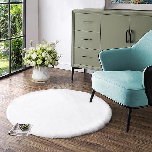 Latepis White Fur Round Rug 3ft Non-Slip Washable Circle Rug Fluffy Faux Rabbit Fur Rug for Photoshoot Plush Shag Rug Furry Carpet for Living Room Bedroom Kids Room Area Rug - Image 1