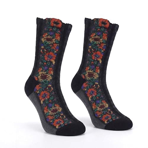 jecvxor 5 Pairs Women's Floral Design Vintage Crew Socks Ethnic Jacquard Knit Set, Red, Grey, Blue, White, Black thumbnail 7