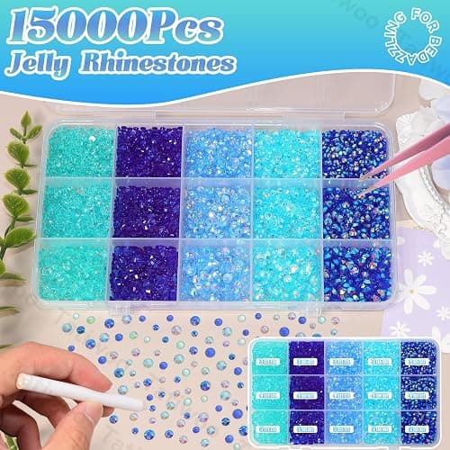 15000Pcs Resin Jelly Rhinestones for Bedazzling, Mixed Size 3/4/5 mm Flatback Gems for Crafting, Blue Jelly Rhinestones Bedazzler Kit for Book Crafts Clothing Shoes Nail Art Makeup thumbnail 3