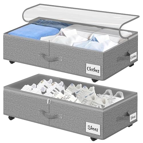 Under Bed Storage with Wheels, 2-Pack 6.7" Height XL 50L Rolling Storage Bins, Quick Assembly Underbed Shoe Storage Containers with Clear Lid & Label, Dorm Under bed Drawers for Clothes, Shoes, Grey - Image 1
