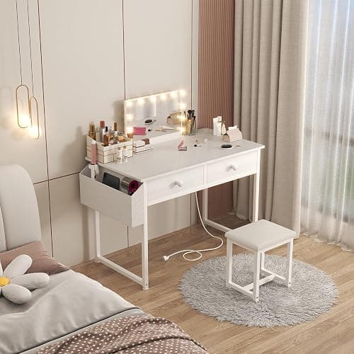 KAI-ROAD White Makeup Vanity Desk No Mirror with Chair, Small Vanity Table Set with Fabric Drawers, Power Outlet & Chair Without Mirror, Modern Make Up Desk for Girls Bedroom thumbnail 3