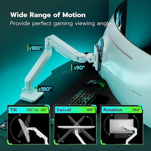 ARES WING Ultrawide Monitor Arm for 17 to 49 Inch and 44 Lbs Screen, White | Pro Gas Spring, Full Range of Motion, for 75/100 Vesa Mount, for Samsung, LG Curved/Flat Monitor, with C Clamp, Grommet Base thumbnail 4