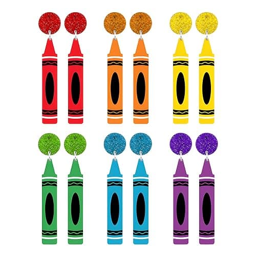 Dreuyet 6 Pairs Pencil Crayon Earrings Teachers Appreciation Gifts Earring for Women Funny Acrylic Pencil Ruler Drop Dangle Earrings Back to School Graduation Creative Jewelry Set - Image 1