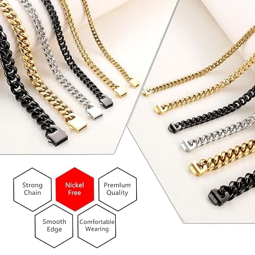Miami Cuban Link Chain Necklace for Men Women Gold Plated Silver Black Stainless Steel Curb Chain Necklace 5mm/7mm/8mm/9mm/12mm/14mm Width 18 to 30 inch Secure Clasp Hip Hop Jewelry Gifts for Men thumbnail 5