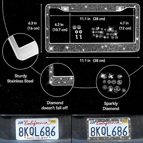 CAR PASS 30 PCS Bling Diamond Car Accessories Set for Women, Bling Steering Wheel Covers 15 Inch, Shining Rhinestone License Plate Frame, Sparkly Phone Holder, Cute Interior Set Decorations, Black thumbnail 4