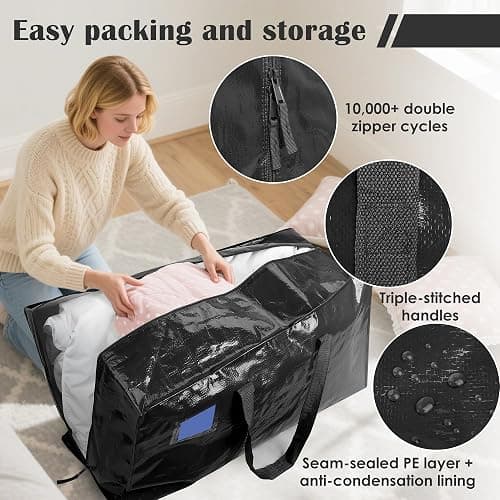 RMOHRO 6 Pack Extra Large Heavy Duty Moving Bags with Reinforced Zipper & Wide Handles, Moisture-Resistant Storage Bins Packing Cubes for Clothes, College Dorm, Travel, and Home Organization, Black thumbnail 3
