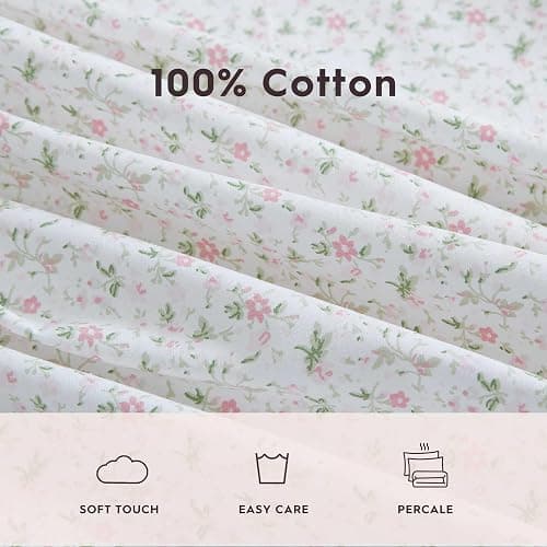 Laura Ashley - Twin XL Size Sheet Set, Crisp Cotton Percale Bedding with Matching Pillowcase, Fully Elastic Fitted Sheet, Deep Pocket, Floral Room Decor, Breathable All-Season Comfort (Evie Pink) thumbnail 5