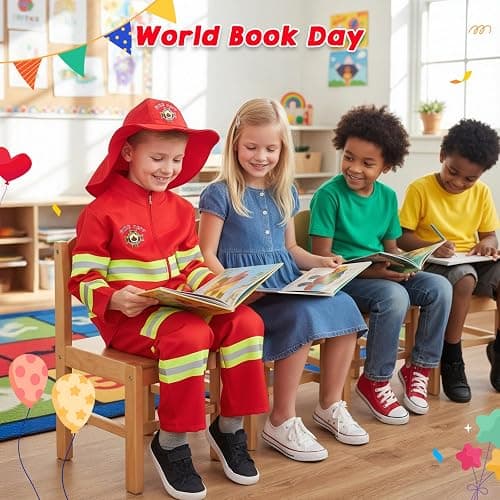 LOYO Kids Role Play World Book Day Costumes, Red Fireman Costume with Firefighter Outfit Toys Accessories for 3 to 6 Year Old Children thumbnail 6