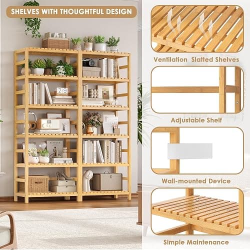 FOTOSOK 6-Tier Bamboo Shelf with Adjustable Shelves, Bamboo Kitchen Cabinet | Tall Bamboo Bookshelf and Plant Shelf with 250-lb Shelf Capacity for Laundry Bathroom Kitchen Pantry Home Office thumbnail 6