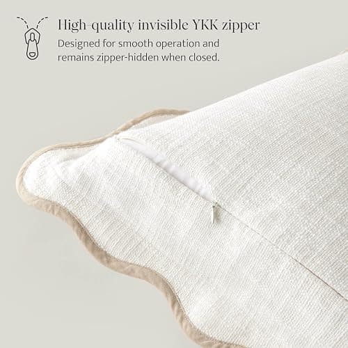Double Stitch Scalloped Throw Pillow Covers - 100% Cotton Set of 2 Decorative Boho Pillow Covers 20 x 20, Made in India, Square Cushion Case, Modern Home Decor for Couch Sofa Living Room, Cream thumbnail 4