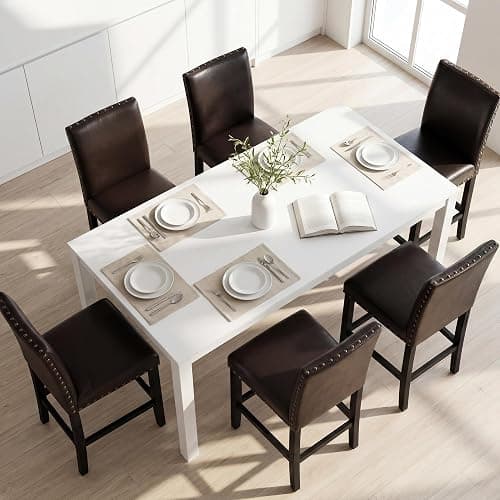 Upholstered Counter Height Bar Stools with Nailhead Trim, 24 Inch Seat Height, Solid Wood Frame, 300 LBS Weight Capacity, PU Leather & Fabric Options for Kitchen Island, Dining Room, Bar (Brown, 4pcs) thumbnail 7