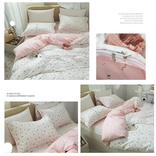 LifeTB Garden Style Duvet Cover Floral Print Bedding Sets King Pink White Floral Comforter Cover Cotton Chic Flower Print Duvet Cover for Girl Women Boho with Zipper Closure 4 Ties thumbnail 6