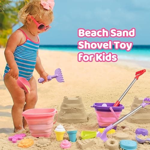 Beach Sand Toys for Kid Age 3-12 Collapsible Buckets 2 Big Size Sand Shovel | Rake Animal Sand Molds Toys with Mesh Bag Silicone Pail Sandbox Kit Beach Accessories Must Haves for Kids Age 3+ (19 PCS) thumbnail 6