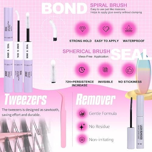 Geeneiya Manga Lashes Clusters Kit DIY Lash Extension, 8-18MM Invisible Lash Clusters, Soft Band Cluster Eyelash Extensions Kit with Waterproof Lash Bond and Seal, Lash Remover, Tweezers for Beginners thumbnail 6