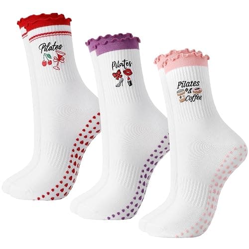 scenicamp 3/6 Pairs Cute Pilates Socks for Women, Ruffle Frilly Yoga Socks Non Slip Cotton Crew Ballet Socks with Embroidery thumbnail 8