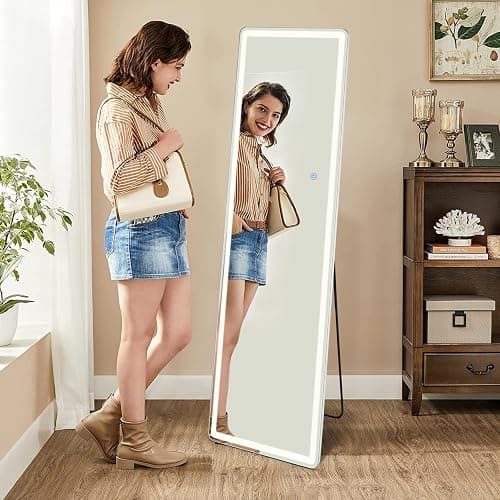 Sweetcrispy 64"x21" Full Length Standing Mirror with LED Lights, Lighted Floor Mirror with Stand, Aluminum Alloy Thin Frame, White thumbnail 9