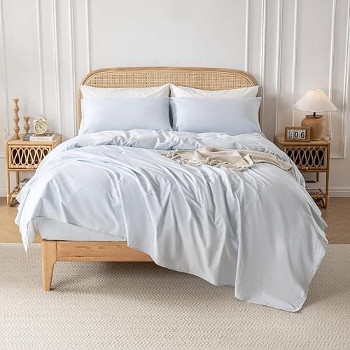 Yibeizi Light Blue 100% Washed Cotton Linen Feel Sheet Set Full Size, 4 Pieces Deep Pocket Bed Sheets Soft Breathable Hotel Bedsheets thumbnail 6