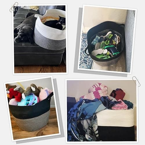 INDRESSME Large Cotton Rope Baskets for Storage, 21.7 x 13.8 Blanket Storage for Living Room Toy Baskets Kids, Baby Laundry Basket for Dirty Clothes, Pillows, 90L White & Black - White & Black - 21.7"D x 13.8"H thumbnail 4
