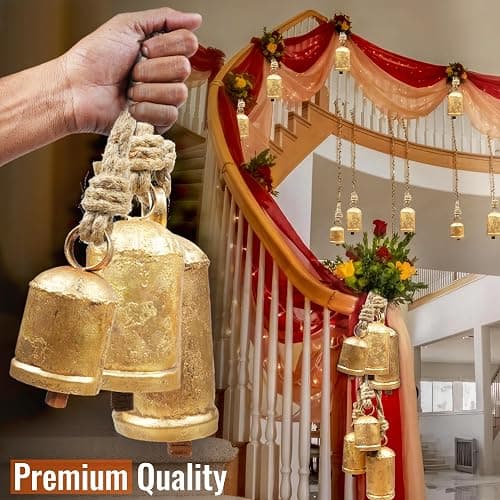 Set of 3 Giant Harmony Rustic Gold Christmas Bells for Decoration - Perfect for Cow Bell, Door Hanging, Staircase, Wall (Large) thumbnail 2