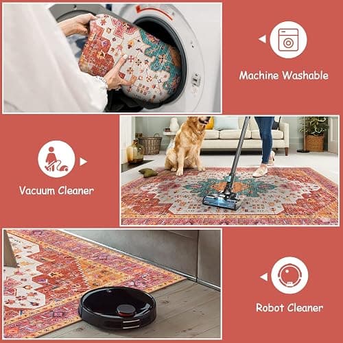 Moynesa Ultra-Thin Washable Area Rug - 4x6 Pink Rugs for Bedroom Girls Vintage Rug for Living Room, Non Slip Non Shedding Low Pile Indoor Throw Carpet for Nursery Office Entryway Kitchen Foyer thumbnail 4