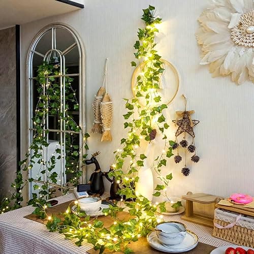 KASZOO 10M 100 LED Vines with Fairy Lights - Ivy Fairy Lights with Remote, Fake Vines Battery/USB Operated, Artificial Ivy Garland for Home Kitchen Garden Office Wedding Wall Decor (Warm White) thumbnail 5