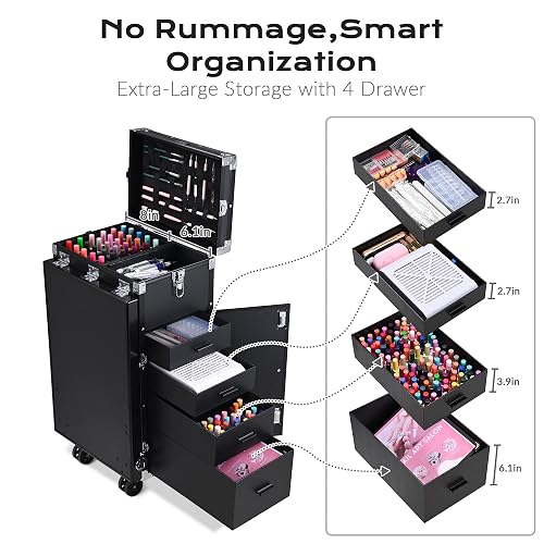 BYOOTIQUE Portable Manicure Table Nail Station Rolling Makeup Case with 4 Drawers Nail Table Storage for Makeup Artist Nail Tech Manicurist, Black, 33" x 16" x 31" thumbnail 5