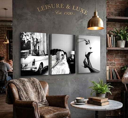 Set of 3 Framed Stylish Women Reading Newspaper Before Bed Wall Art, High Heels Vintage Car Posters, Feminist Black And White Vintage Canvas Prints pictures ， Home living room wall decoration bar cart thumbnail 4