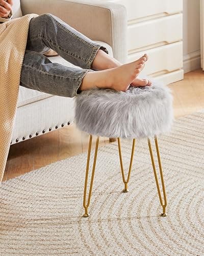 IBUYKE Faux Fur Vanity Stool Chair, Furry Makeup Stool Ottoman, Soft Padded Seat, Round Footrest Footstools with 4 Metal Legs, for Living Room Bedroom Entryway, Gray LG-32G - without storage - Grey thumbnail 5