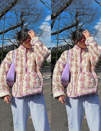Yimoon Women's Cropped Puffer Quilted Jacket Vintage Floral Print Open Front Lightweight Short Jacket Outwear thumbnail 7