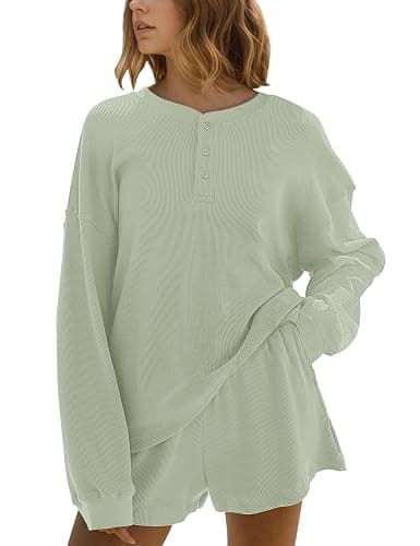 MISSACTIVER Waffle Knit Lounge Sets for Women Long Sleeve Oversized Sweatshirt Elastic Waist Shorts Fall 2 Piece Matching Set - Image 1