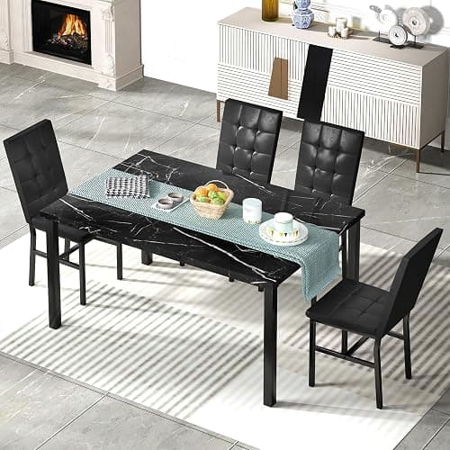Hooseng Kitchen Table Set 5 Piece Dining Room Table Set Marble Dining Table 4 Chair Dining Table Set for Kitchen Living Room Breakfast Small Spaces (Black) thumbnail 5