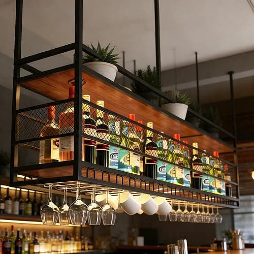 RAJYQODIS Hanging Wine Rack, Metal Hanging Wine Glass Rack, 2-Tier Bar Display Wine Storage Holder, for Bar Restaurant Cafe Kitchen (Black, 140cm) - Image 1