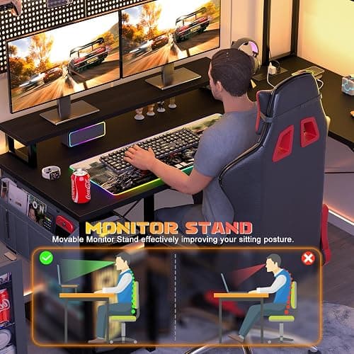 Aheaplus Small L Shaped Gaming Desk with LED Lights & Power Outlets, Reversible L-Shaped Computer Desk with Monitor Stand & Storage Shelf, Corner Desks Home Office Desk with Storage Bag, Black thumbnail 5