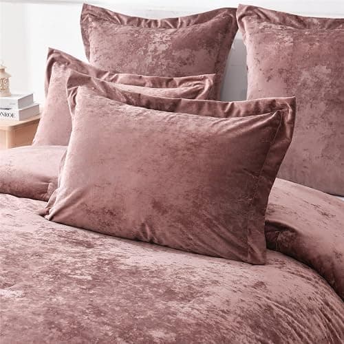 Fredsure Distressed Velvet Comforter Set, 5 Pieces Dusty Mauve Queen, Distressed Velvet Face and Brushed Microfiber Reverse thumbnail 4