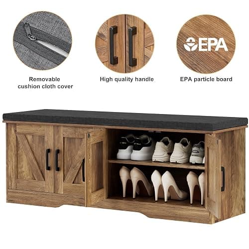 HOMSHO 2-Tier Storage Bench, 47.2" Wide Shoe Bench with Padded Seat Cushion, Entryway Bench with 4 Barn Doors and Adjustable Shelf, Rustic Walnut thumbnail 7