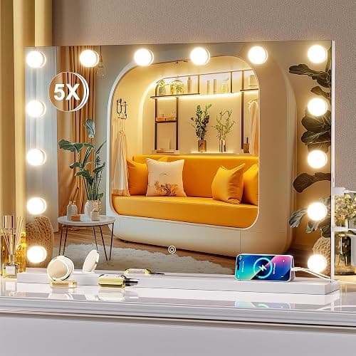 Hasipu Hollywood Vanity Mirror with Lights, 29" x 20" Makeup Mirror with 14 Dimmable LED Bulbs 3 Color Modes & Detachable, 5X Magnifying Glass, Touch Control, USB and Type-C, Tempered Glass - Image 1