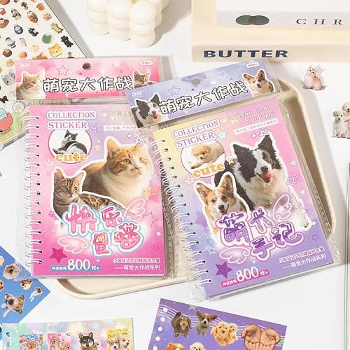 ZHIJIANHZ Cat and Dog Stickers Book Set 2 in 1,Value Set with 1600 Stickers 60 Pages Meme Sticker Books for Scrapbook Journal and Planner Coil Bound Sticker Albums - Image 1