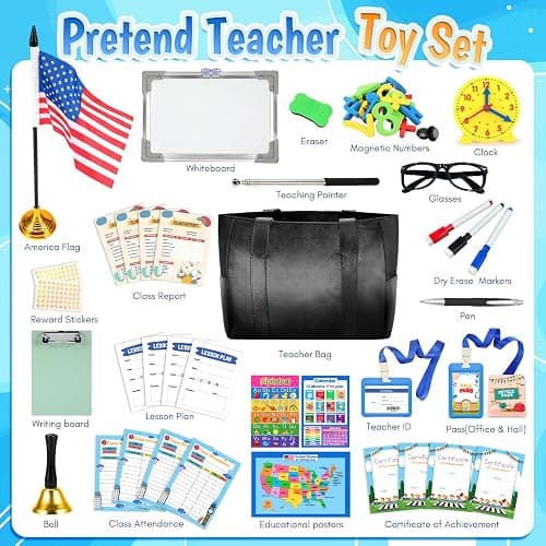 Loscola Pretend Play School Set for Kids Girls 4-12, Kids Teacher Play Sets for Girls, Teacher Supplies Toys with Teacher Bag, Whiteboard, Educational Posters, Magnetic Numbers and More, Ideal Gift thumbnail 2