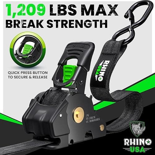 Rhino USA Retractable Ratchet Straps (4-Pack) - 1 Inch x 10 Feet (1,209lb Break Strength) - Auto Self Retracting Tie Down Straps for Truck, Cargo Trailer, Motorcycle, ATV, UTV - Black thumbnail 2