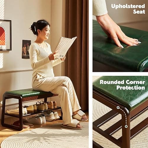 Solid Wood Shoe Bench, 2-Tier Wooden Storage Entryway Bench, Mid-Century Modern Shoe Bench Rack, End of Bed Bench with Faux Leather Cushion, Ottoman Bench for Hallway, Living Room (Walnut, 31.5'') thumbnail 6