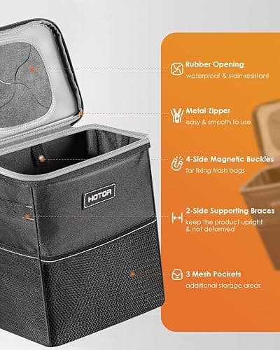 HOTOR Car Trash Can with Lid and Storage Pockets - 100% Leak-Proof Organizer, Waterproof Garbage Can, Multipurpose Trash Bin for Car, 2 Gallons, Black - 2 Gallons - Black thumbnail 3