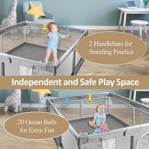 CHOLY Baby Playpen for Babies and Toddlers, Durable Play Pen with Visible Breathable Mesh, Foam Protection, Easy to Assemble Infant Fence -128 ×128cm (Light Grey, 128 x 128cm) thumbnail 3